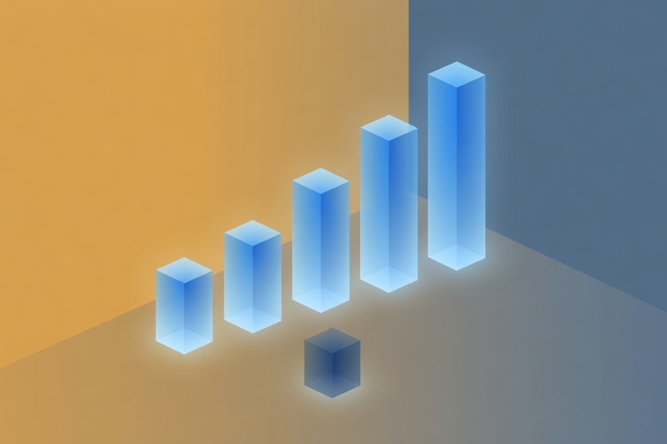 A large upward bar chart in glowing blue, with a single dimly lit bar representing ROI falling far below the others