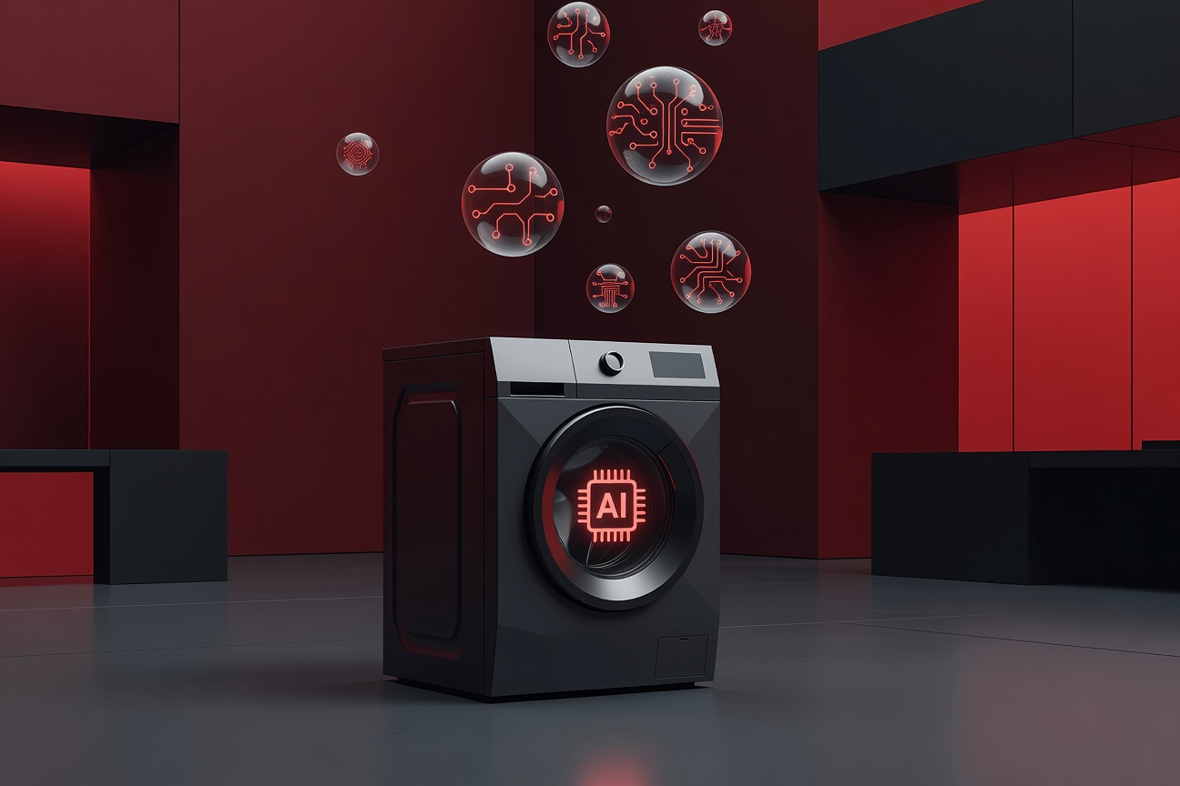 A washing machine with a glowing AI chip logo on its door, soap bubbles emerging in a sleek office environment