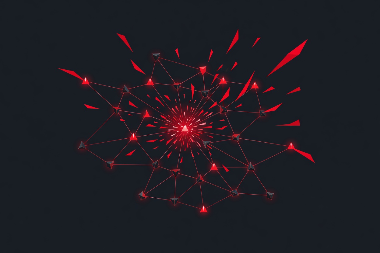 Abstract visualization of cascading security vulnerabilities being discovered, with glowing nodes and connection paths on a dark background