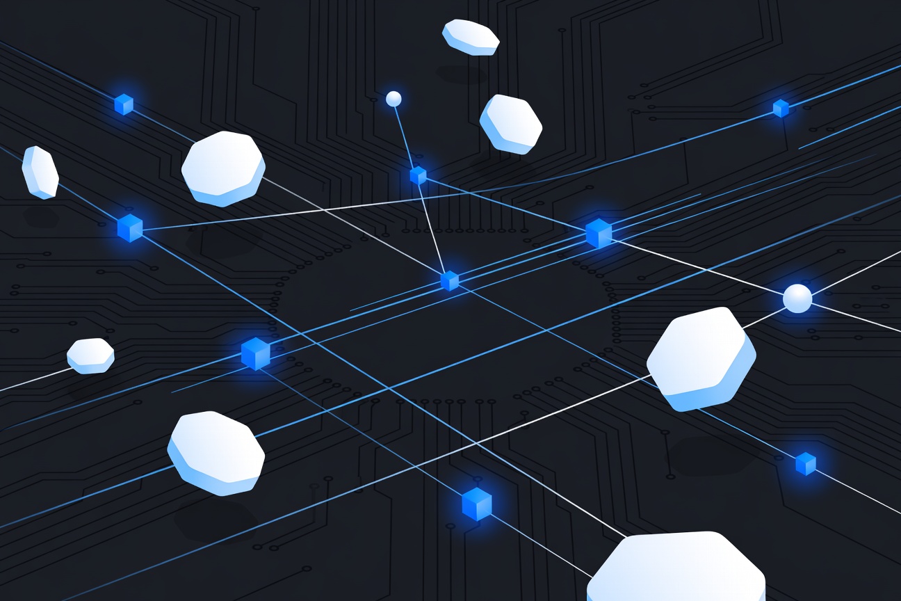 Abstract floating geometric coins and transaction nodes connected by glowing lines on a dark circuit board background