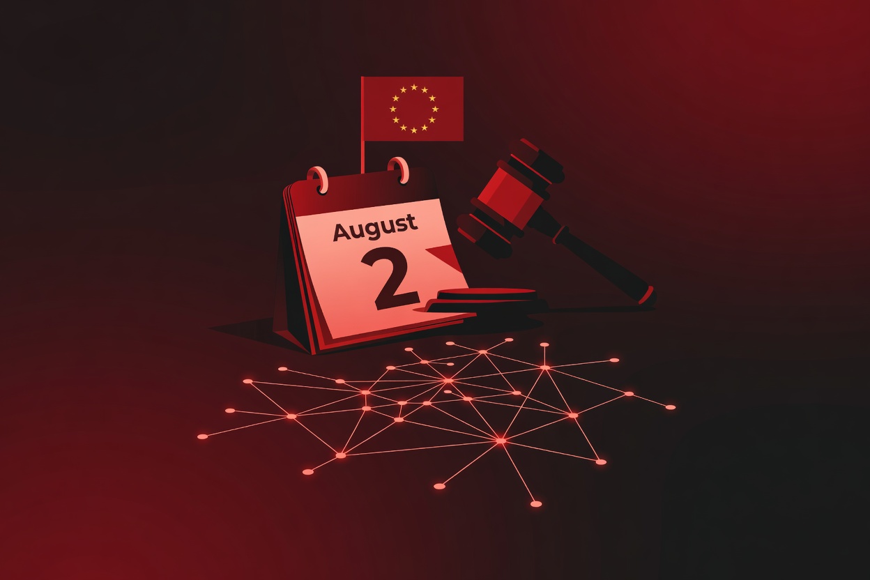 A calendar page showing August 2 with a red EU flag and abstract regulatory gavel above a neural network diagram