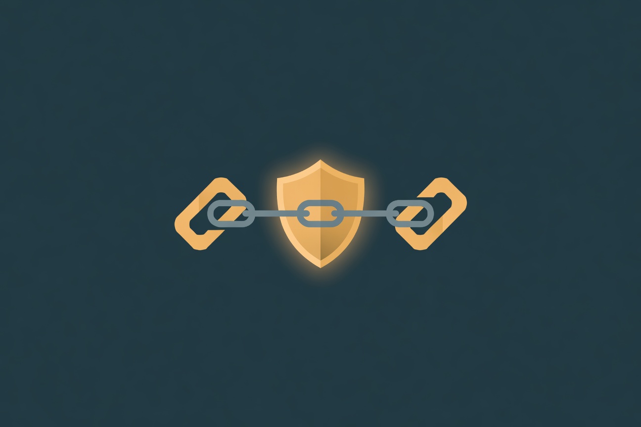 A glowing shield with a chain link connecting two abstract digital entities, minimalist vector illustration on dark teal background