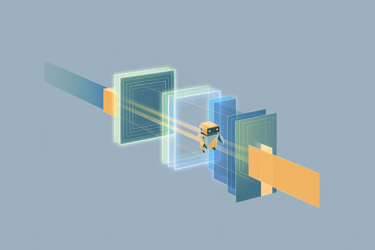 Abstract tunnel of geometric light beams representing encrypted VPN connection with small robotic agent node traveling through it