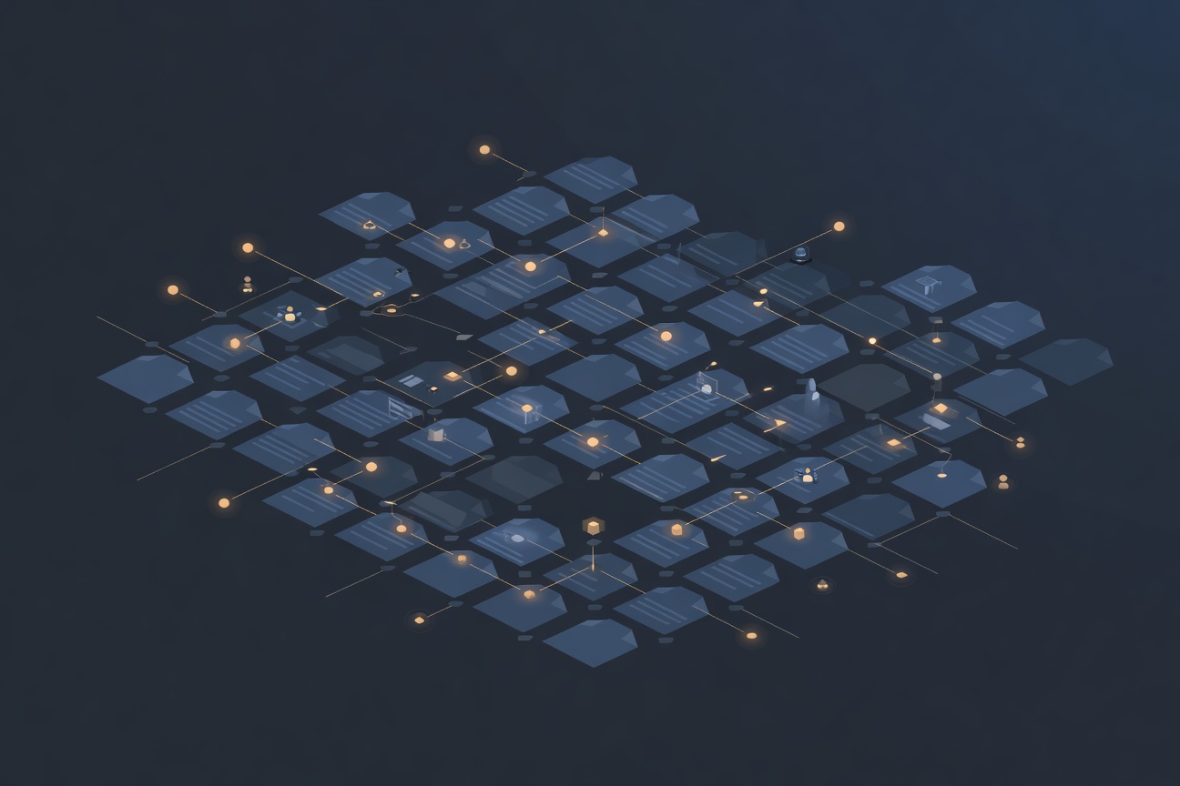 A vast grid of interlocking geometric audit forms being processed by glowing agent nodes in a dark blue enterprise data environment