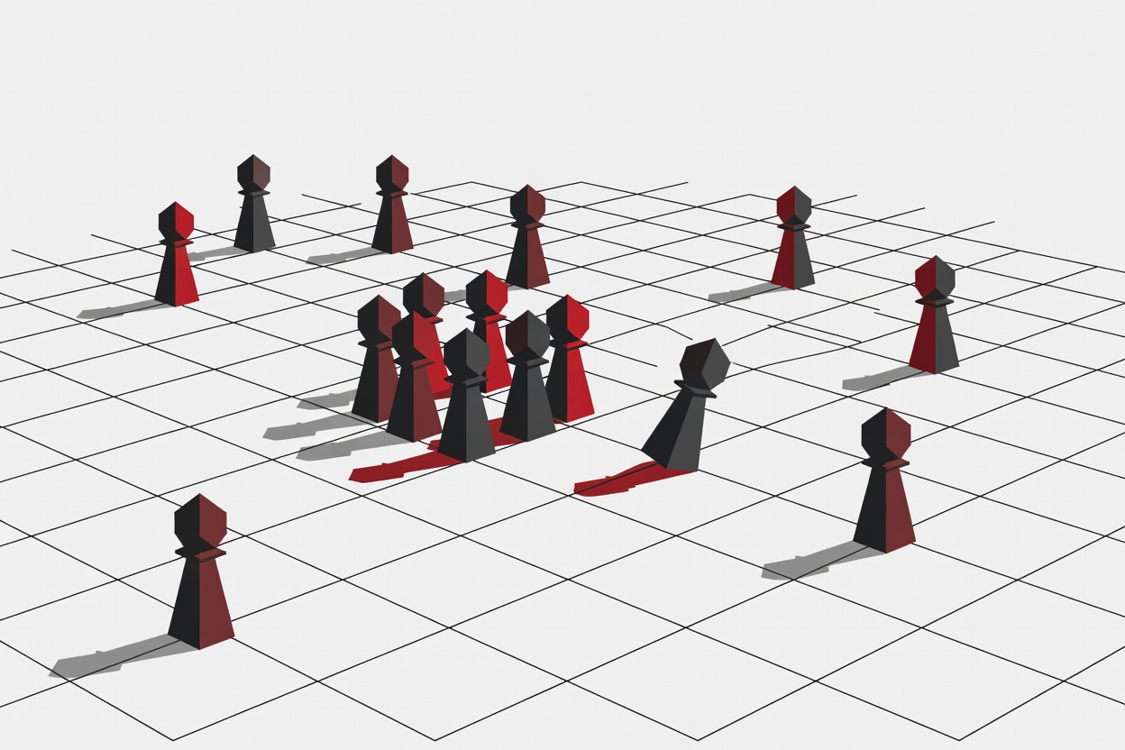Abstract chess pieces on a marketplace grid, some pieces forming a circle to suggest collusion while one piece lies on its side