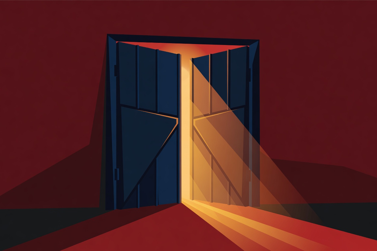 An abstract locked gate gradually opening with warm light streaming through the gap