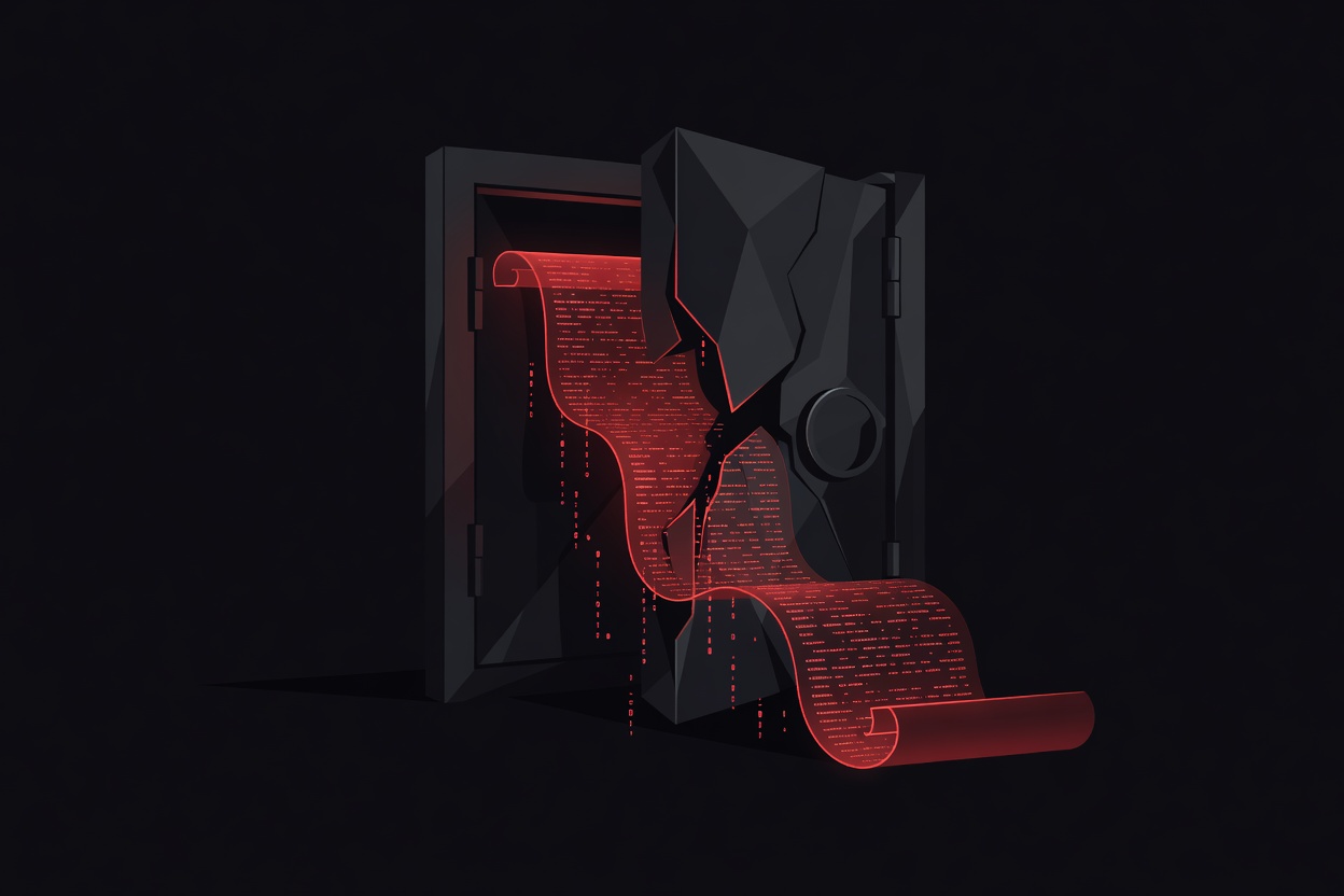 A massive scroll of glowing text unrolling from a locked digital vault, representing the exposure of hidden AI rules