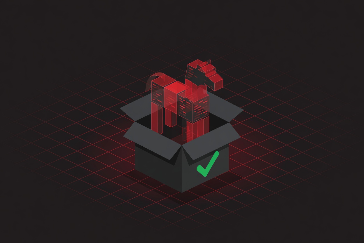 A trojan horse made of code blocks hidden inside a glowing skill package box, abstract digital environment