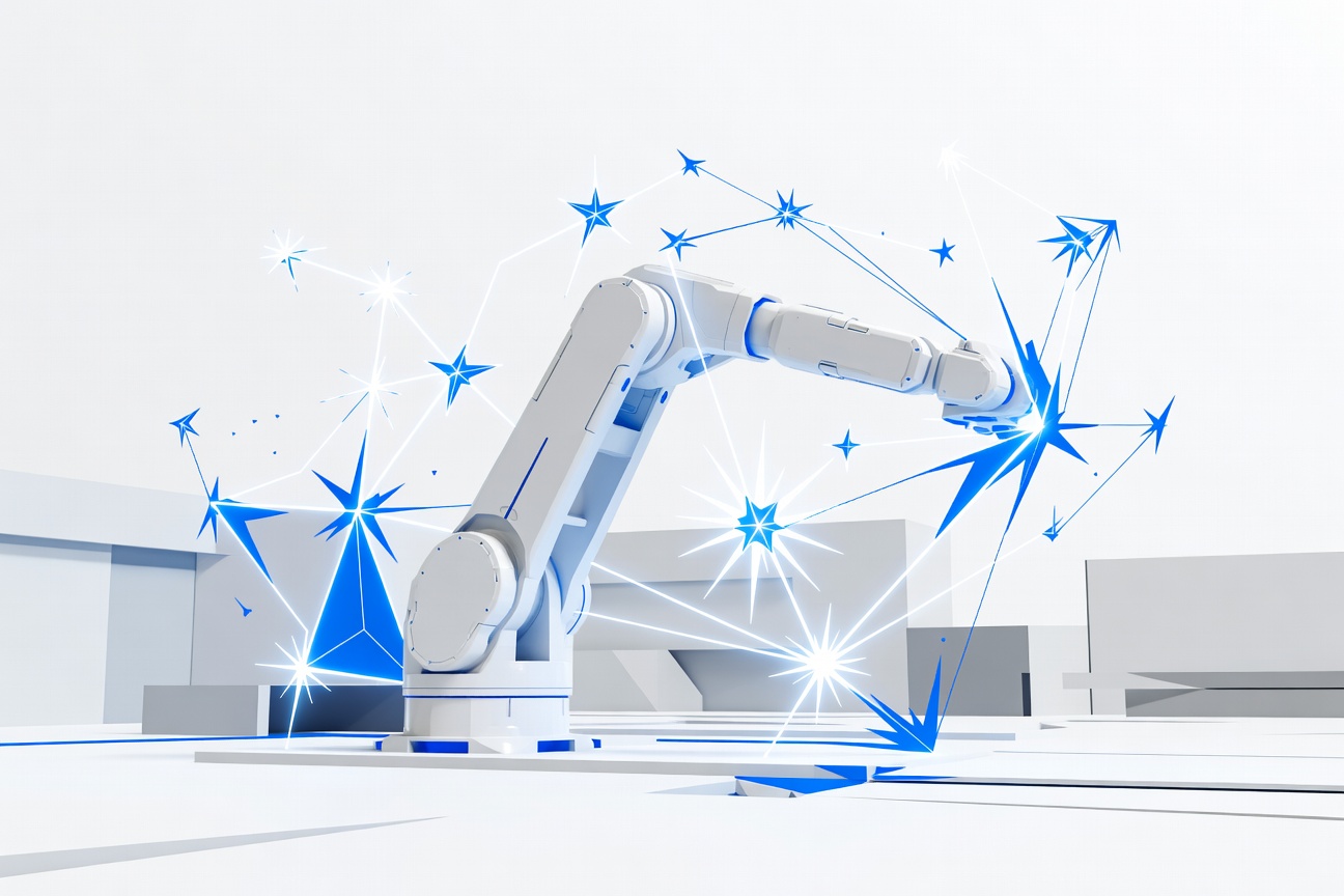 A sleek robotic arm illuminated by geometric Gemini constellation patterns on a factory floor abstraction
