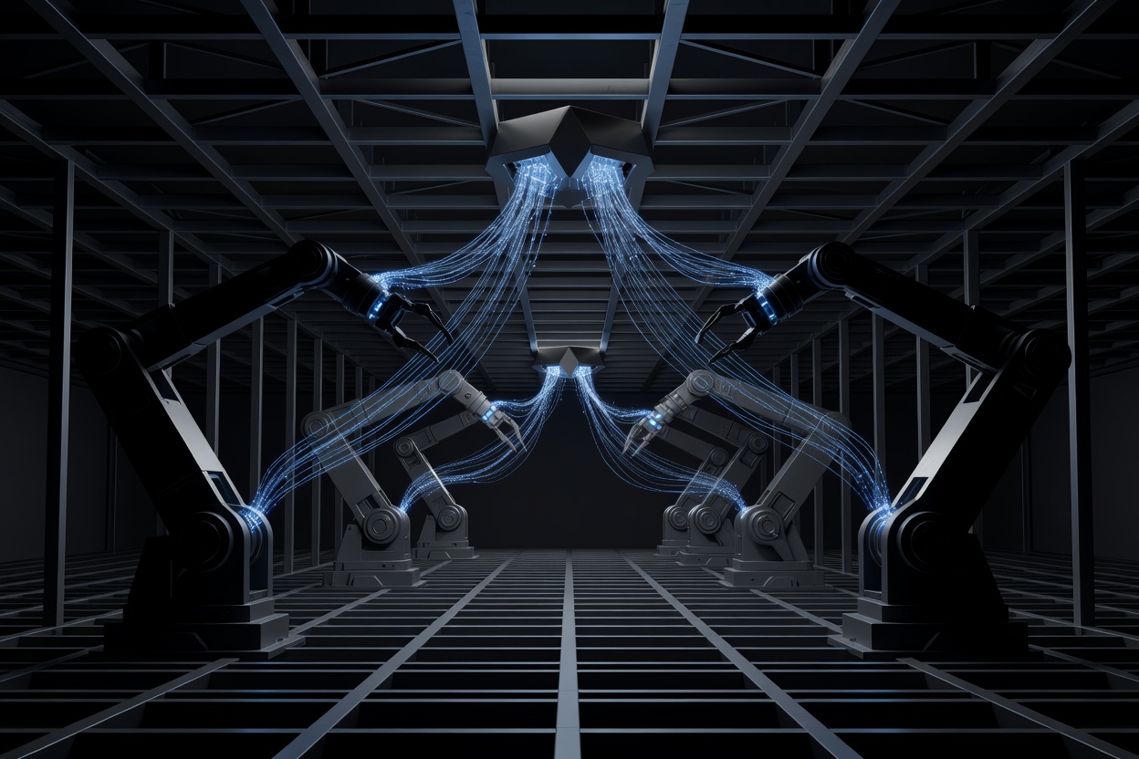 Abstract industrial robotic arm with glowing Gemini-style multicolor nodes along its joints, working in a grid of identical arms