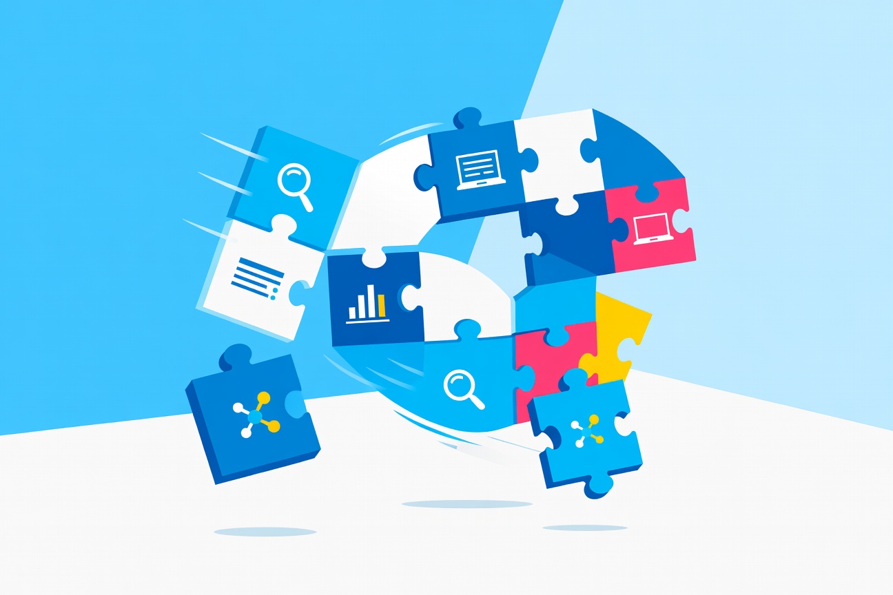 Colorful modular puzzle pieces floating in space, each containing a different abstract symbol representing search, presentation slides, and web data extraction