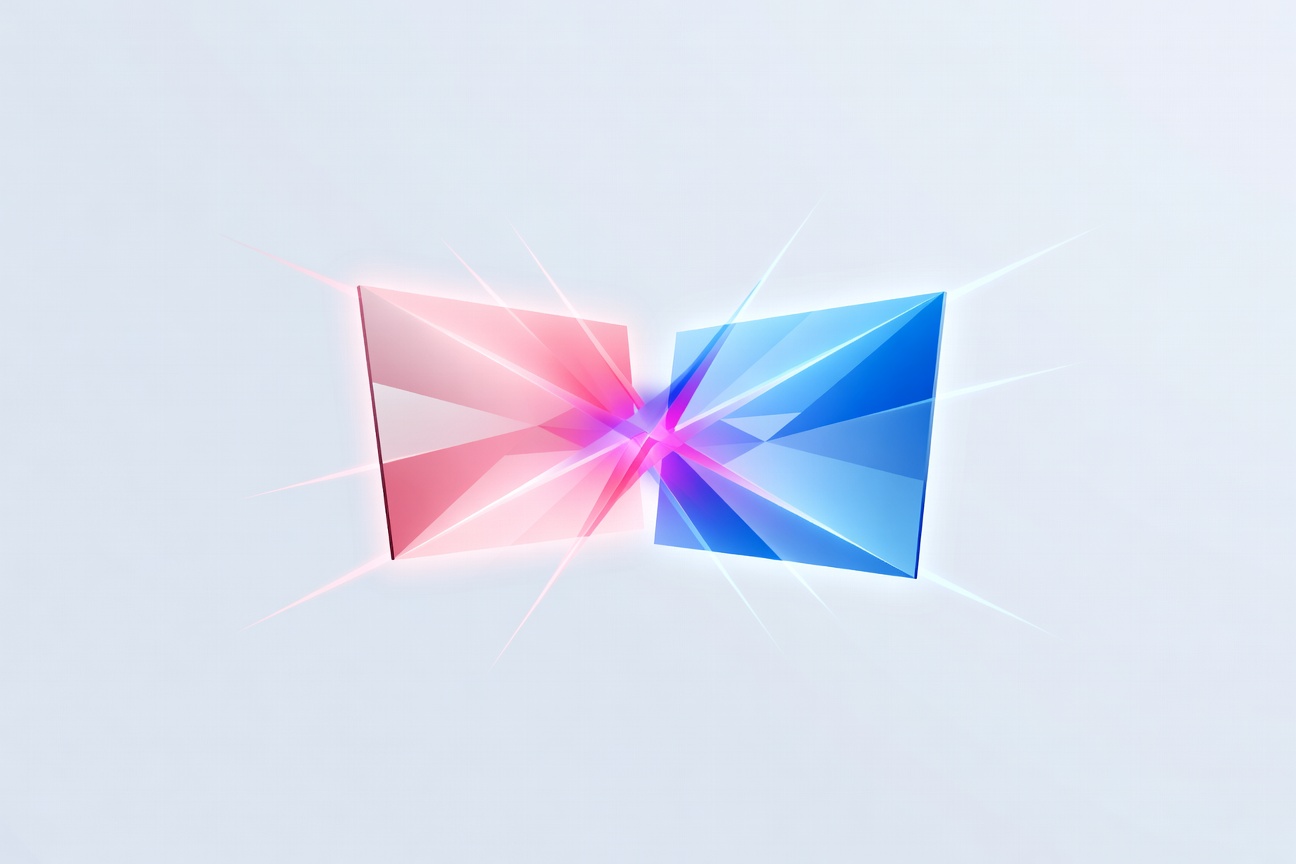 Two abstract geometric design canvases facing each other, one glowing pink and the other blue, intersecting in a digital space