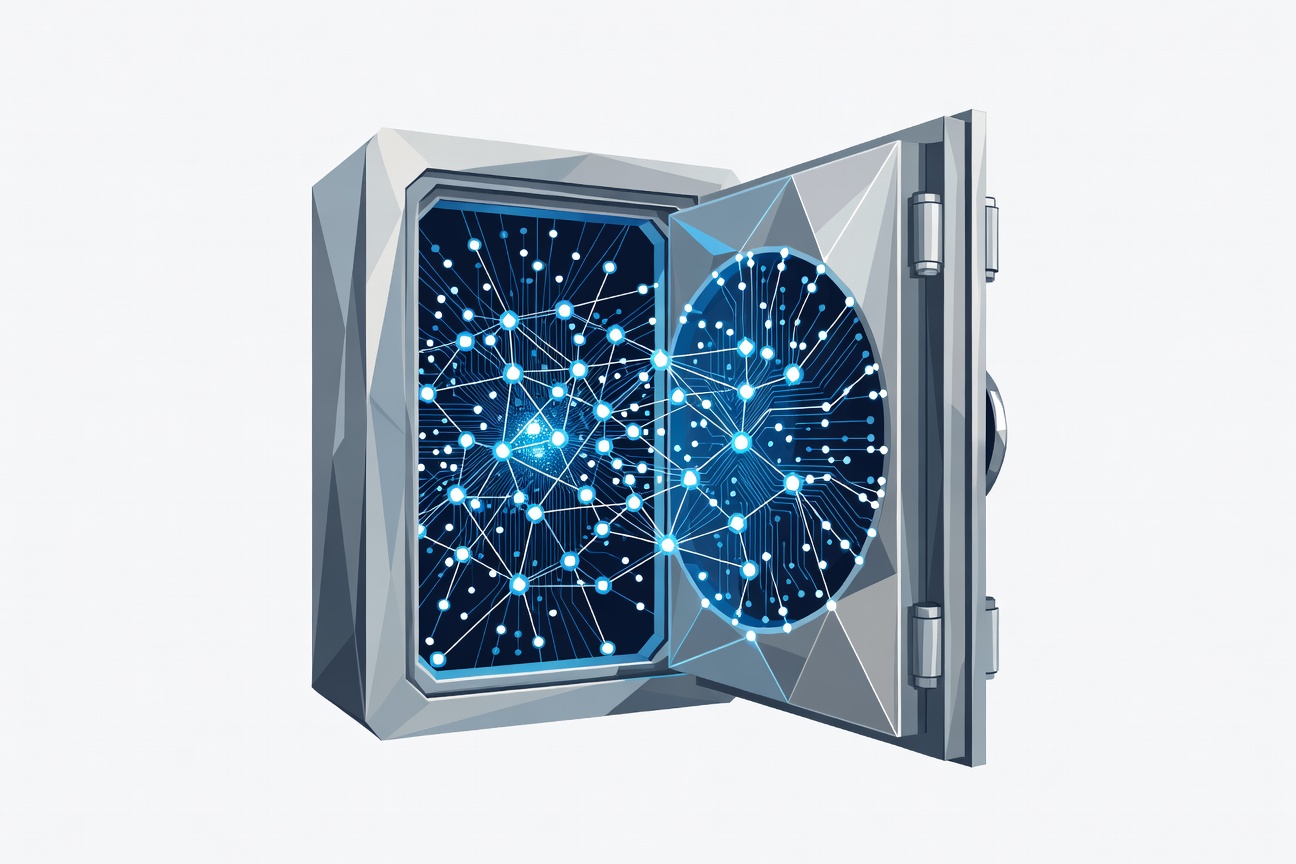 A sleek financial vault door opening to reveal glowing networked nodes and circuit patterns