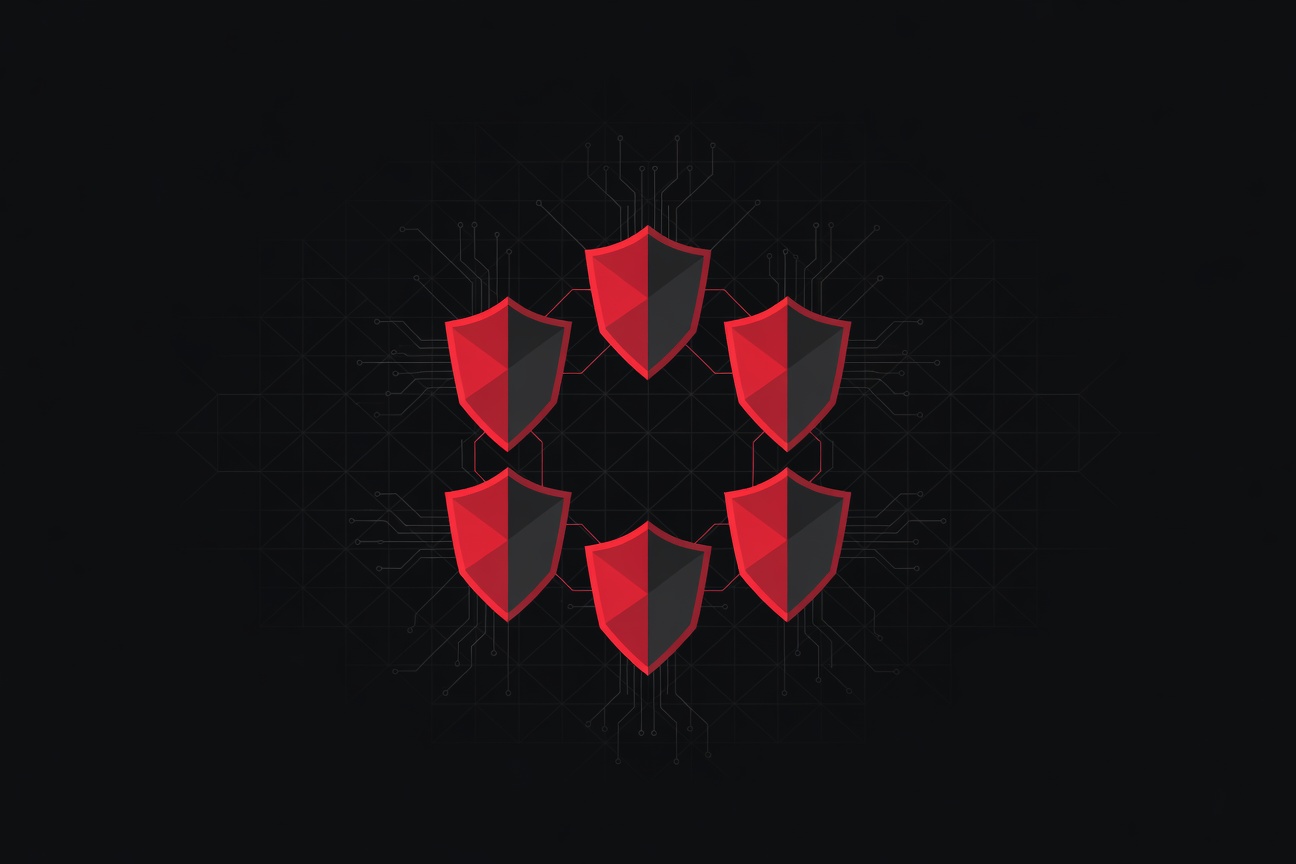 Five interlocking digital shield emblems arranged in a ring over a neural network grid on a dark background
