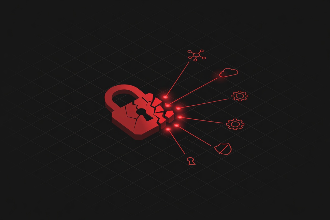 A cracked padlock dissolving into five glowing entry points against a dark grid background
