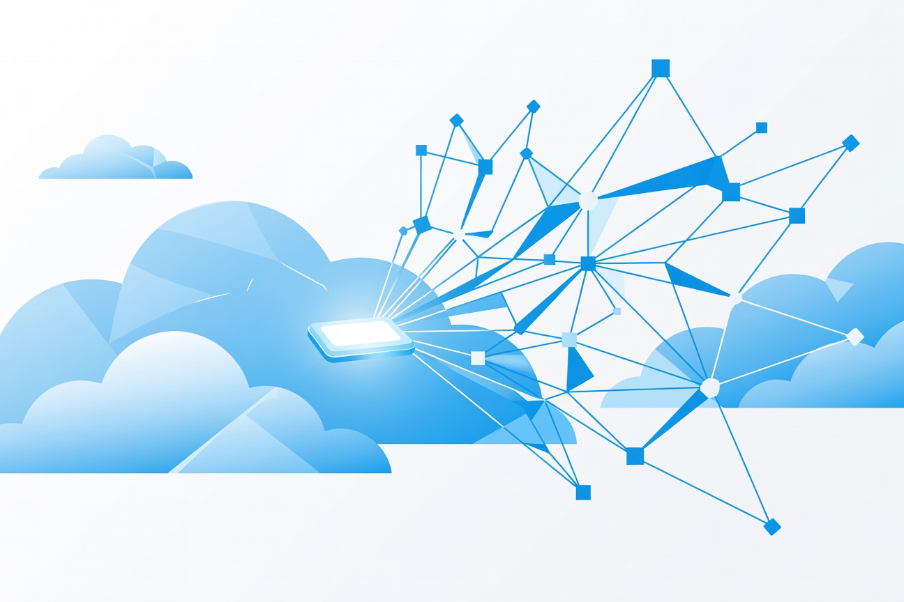 A single glowing button in an abstract cloud landscape launching a network of interconnected AI agent nodes