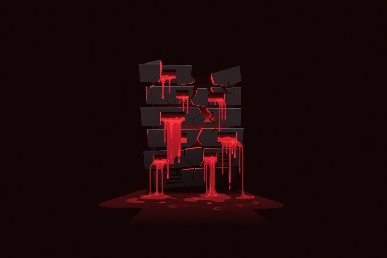 A cracked server rack glowing red in darkness, with digital code streams leaking from the fracture