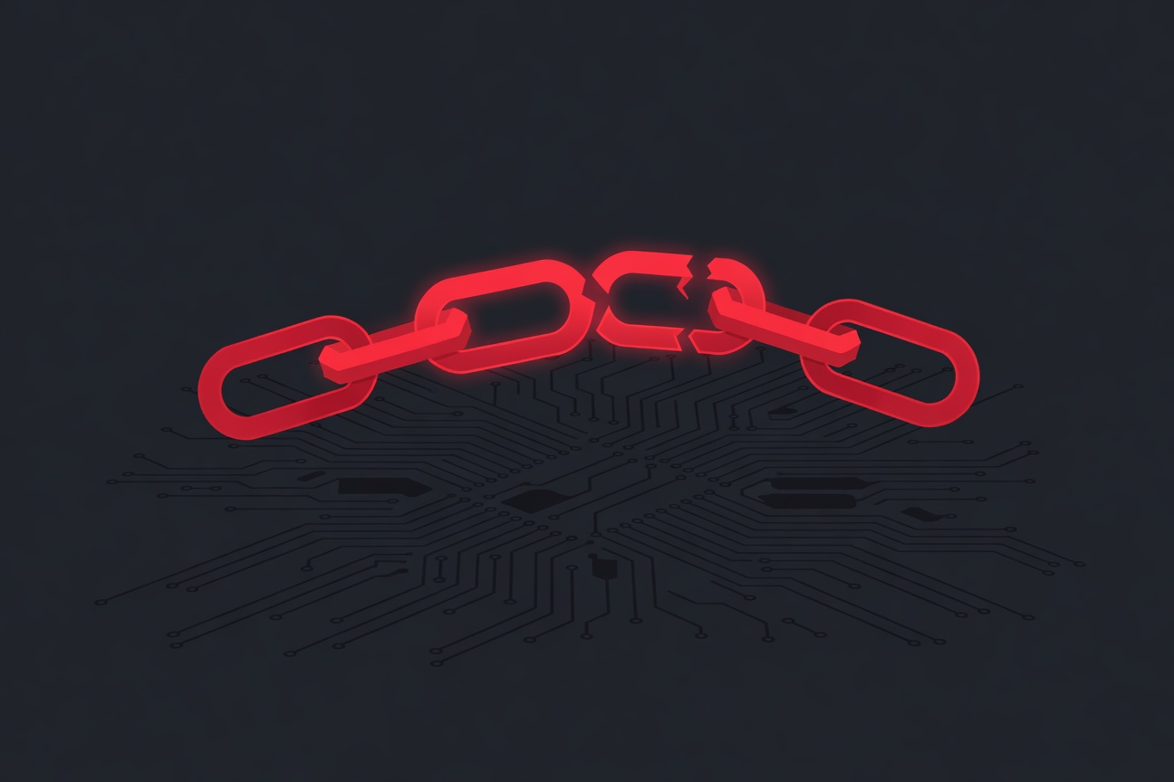 An abstract chain of glowing red links breaking apart over a dark digital circuit board