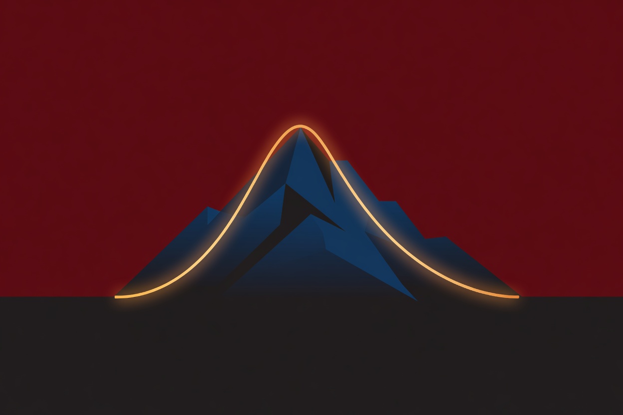 Abstract mountain peak shape with a glowing curve reaching the summit and descending, rendered in deep blue and gold tones against a dark background
