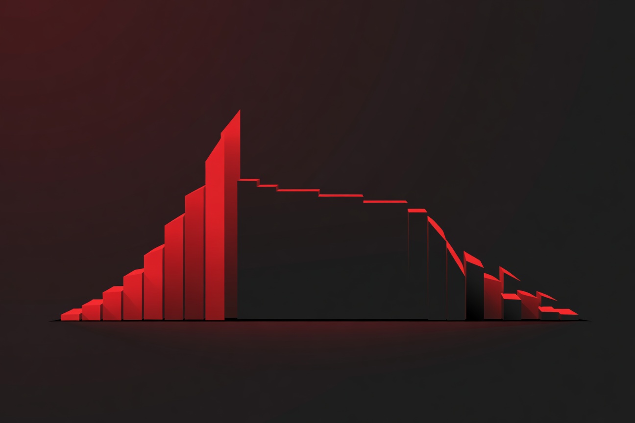 Abstract graph with a steep trajectory flattening and partially collapsing, representing enterprise AI project attrition