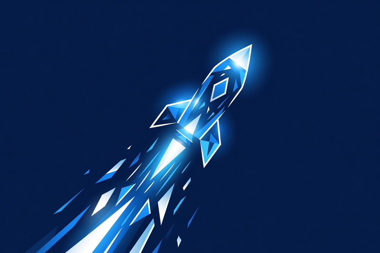 An upward-surging rocket made of glowing geometric shapes against a dark blue background representing exponential market growth