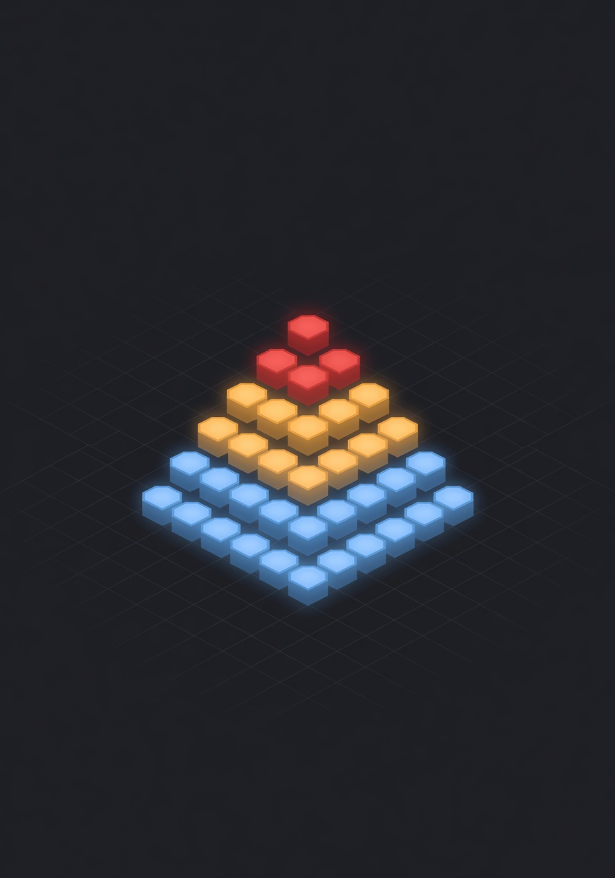 A multi-tiered pyramid of glowing hexagonal cells in different colors representing escalating levels of control and oversight