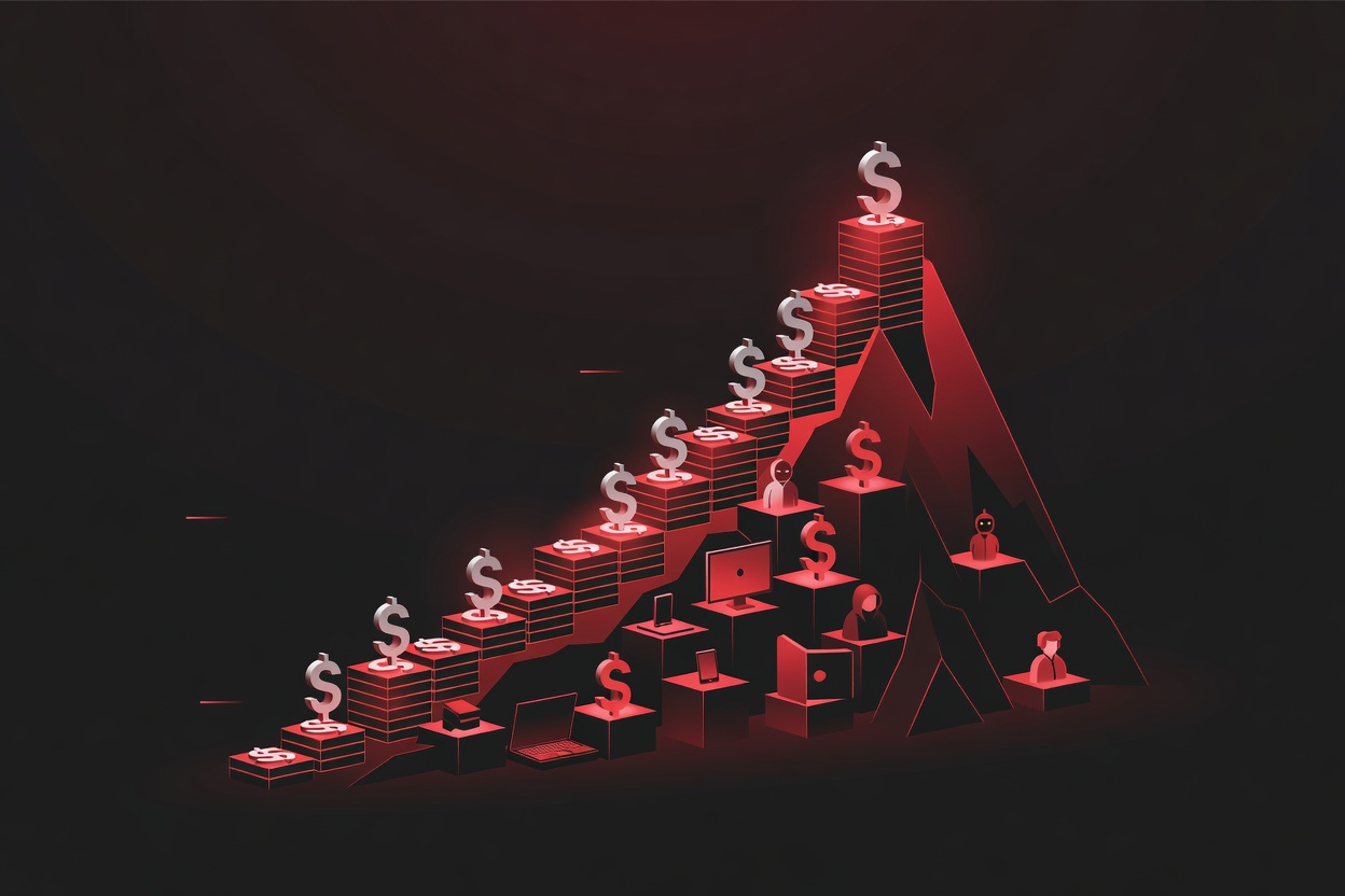 Abstract visualization of costs rising — a steep digital mountain of glowing token counters and dollar signs climbing upward against a dark blue enterprise dashboard background
