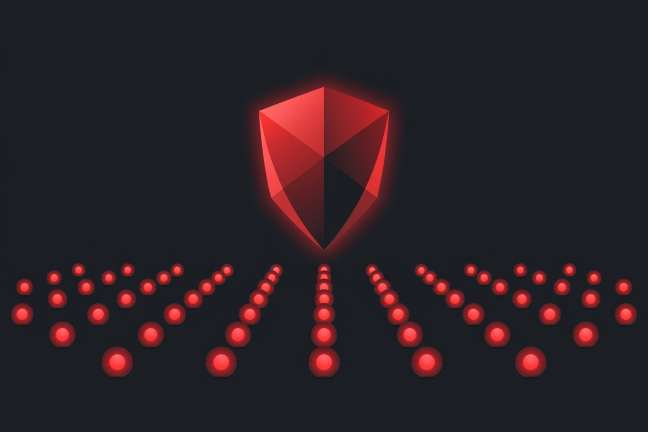 An abstract shield shape composed of interconnected digital circuit patterns hovering above a dark enterprise server grid