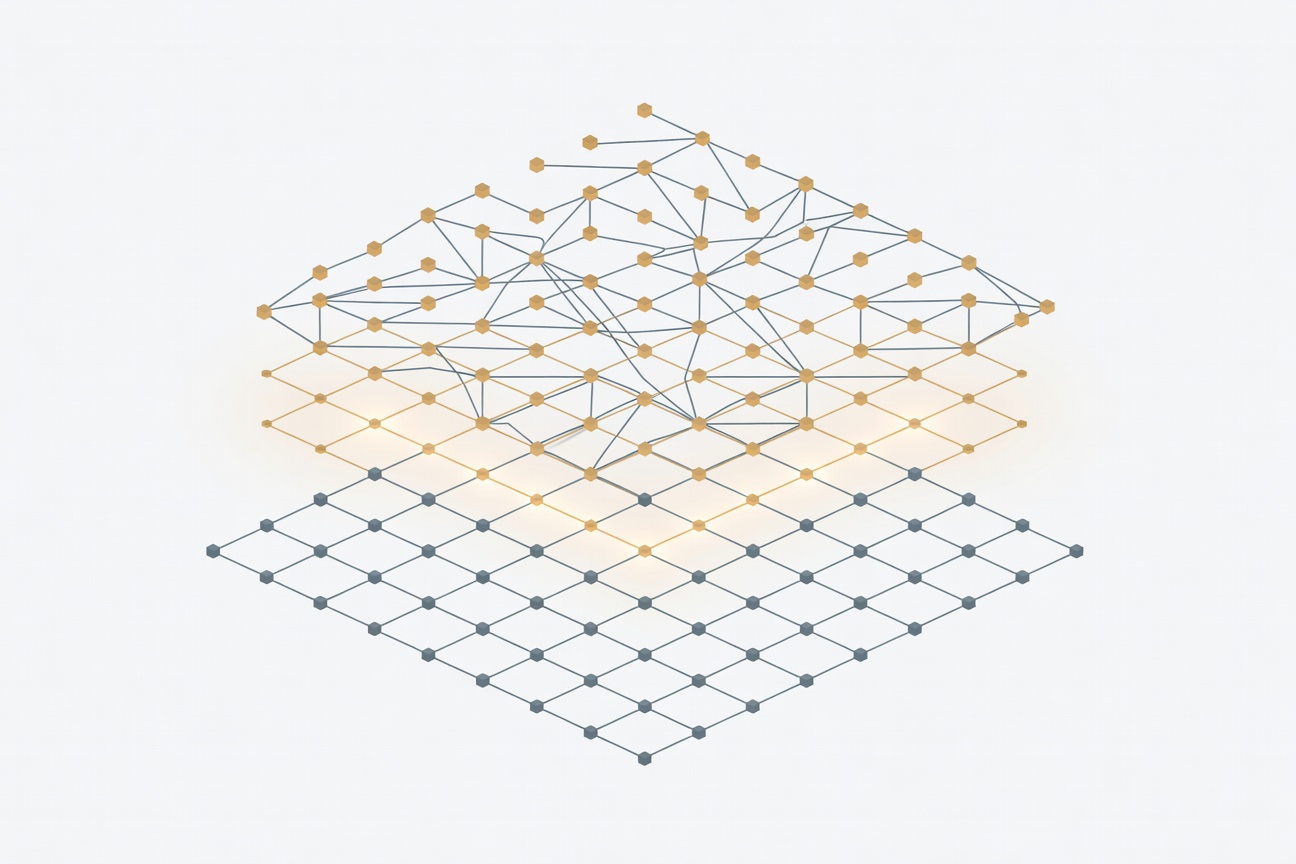 Abstract neural network nodes connected by lines with glowing semantic layer grid below, on dark blue background