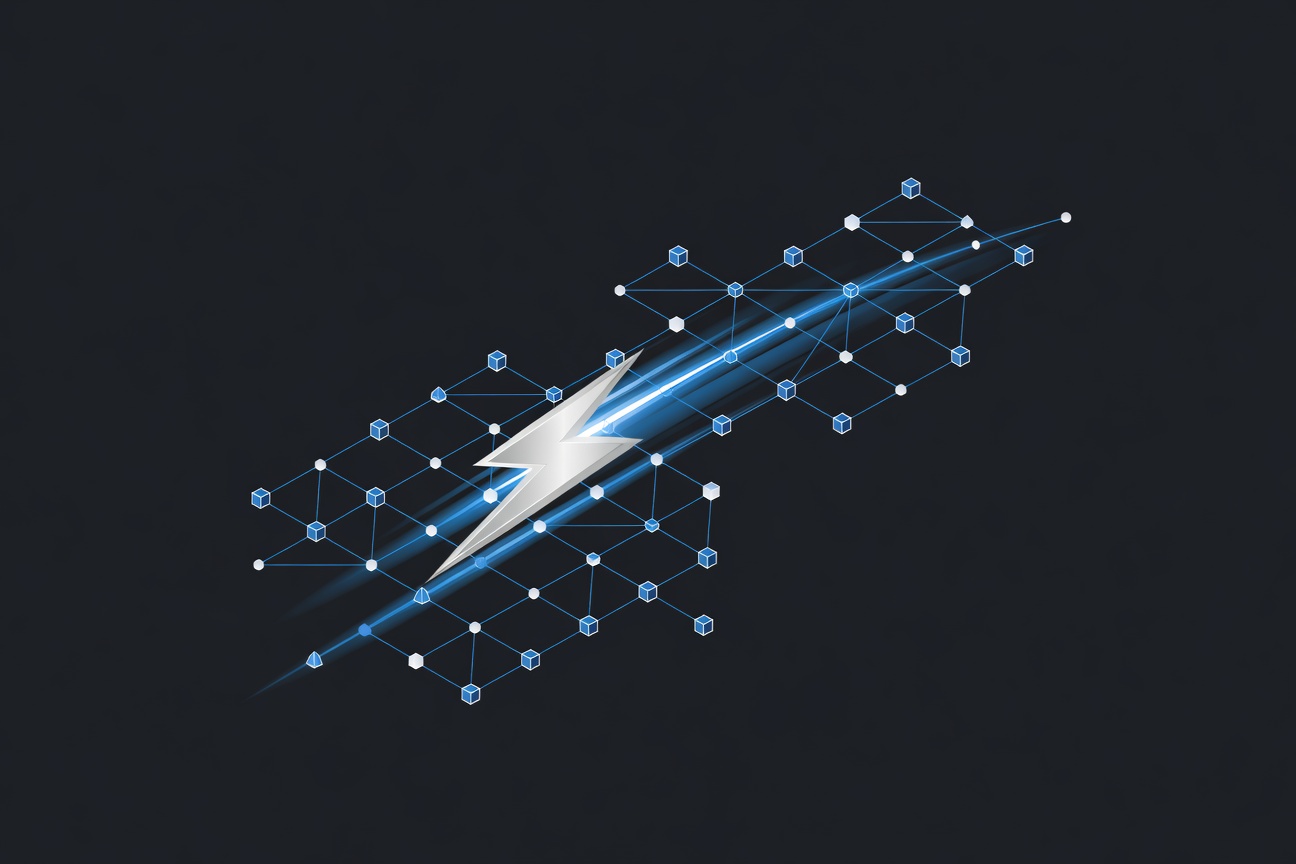 A sleek silver lightning bolt arcing through interconnected geometric nodes, representing blazing-fast AI agent computation