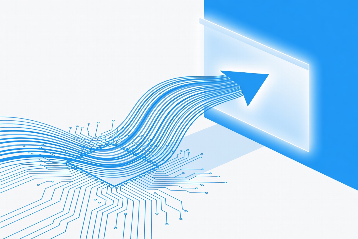 A stylized circuit board morphing into a computer mouse cursor, symbolizing AI taking control of digital interfaces