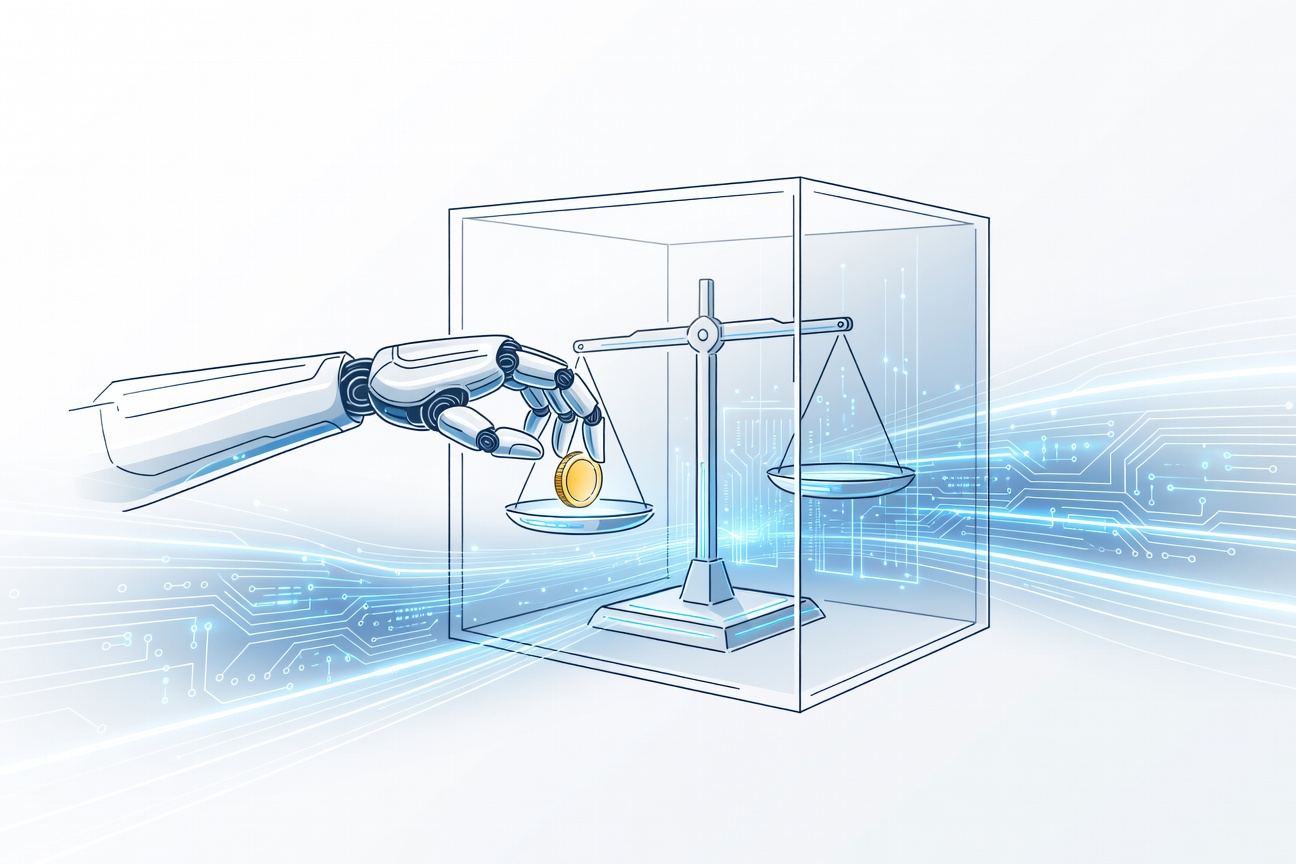 A robotic arm placing a gold coin on a scale inside a glass-walled vault, surrounded by glowing circuitry and data streams