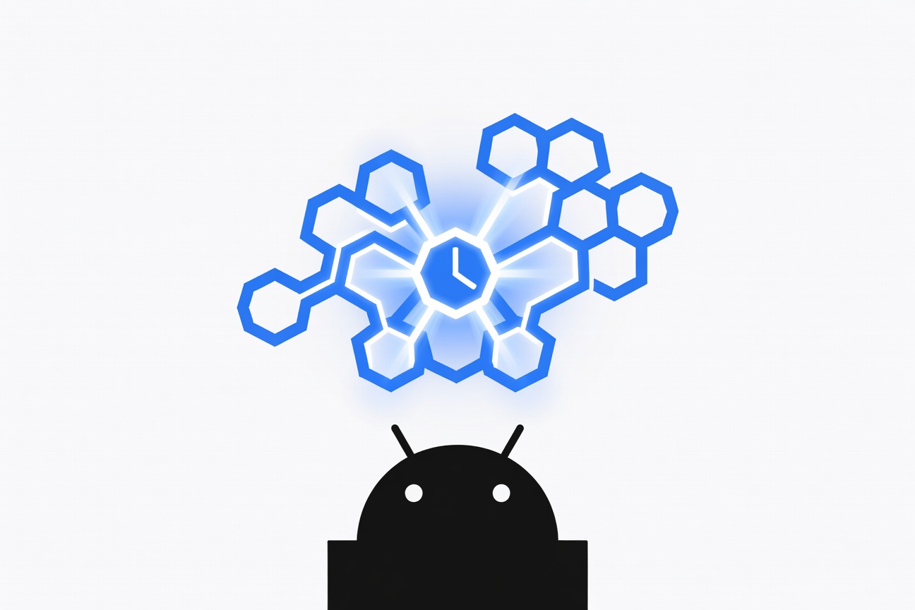 A glowing modular circuit diagram with interlocking hexagonal skill blocks and a clock scheduler node at center, floating above a stylized Android device silhouette