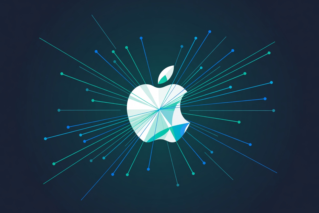 Stylized abstract apple-shaped light form with interconnected geometric nodes representing agentic connections on a dark gradient background