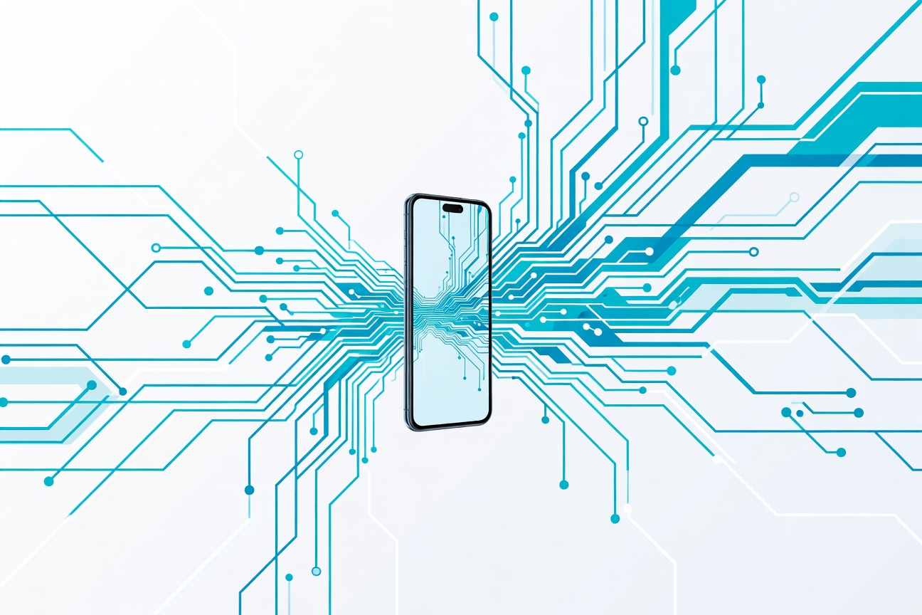 A smartphone radiating neural network patterns outward, symbolizing on-device AI intelligence running locally