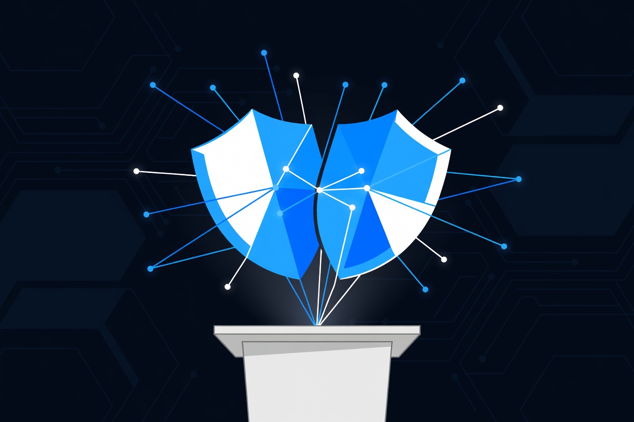 Two geometric shield shapes merging together in front of a grid of glowing agent node connections