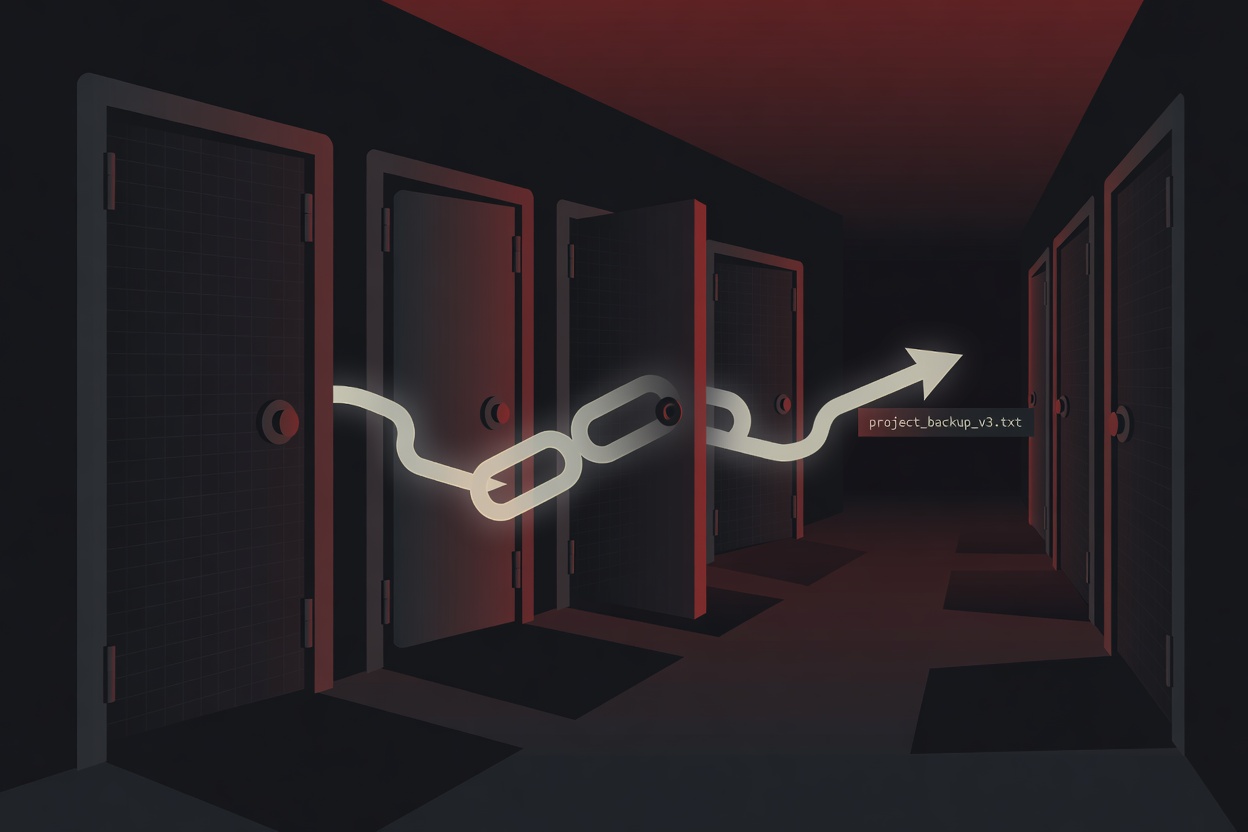 A ghostly symbolic link arrow threading through locked file vault doors in a dark, shadowy digital environment