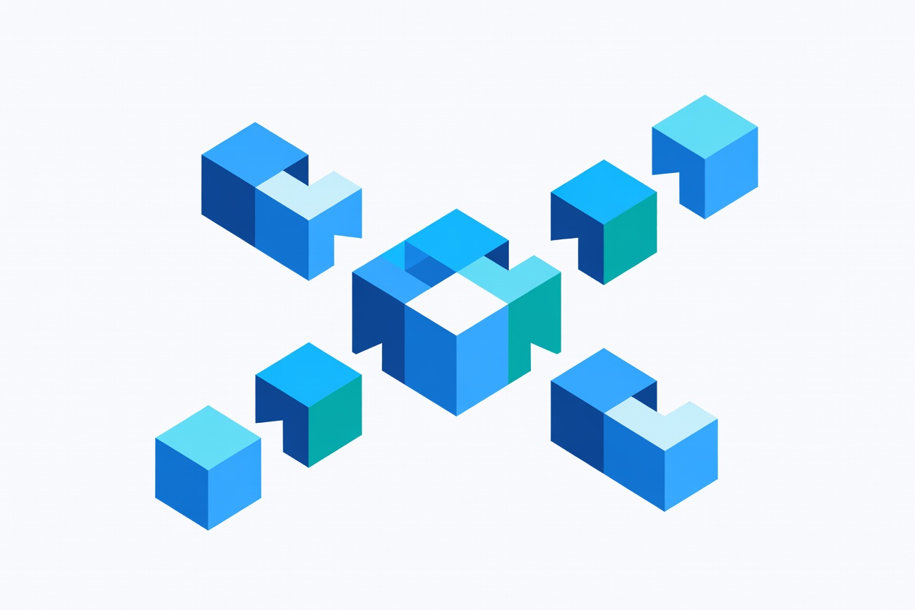 Abstract modular blocks snapping together from different colored frameworks into a single unified container shape