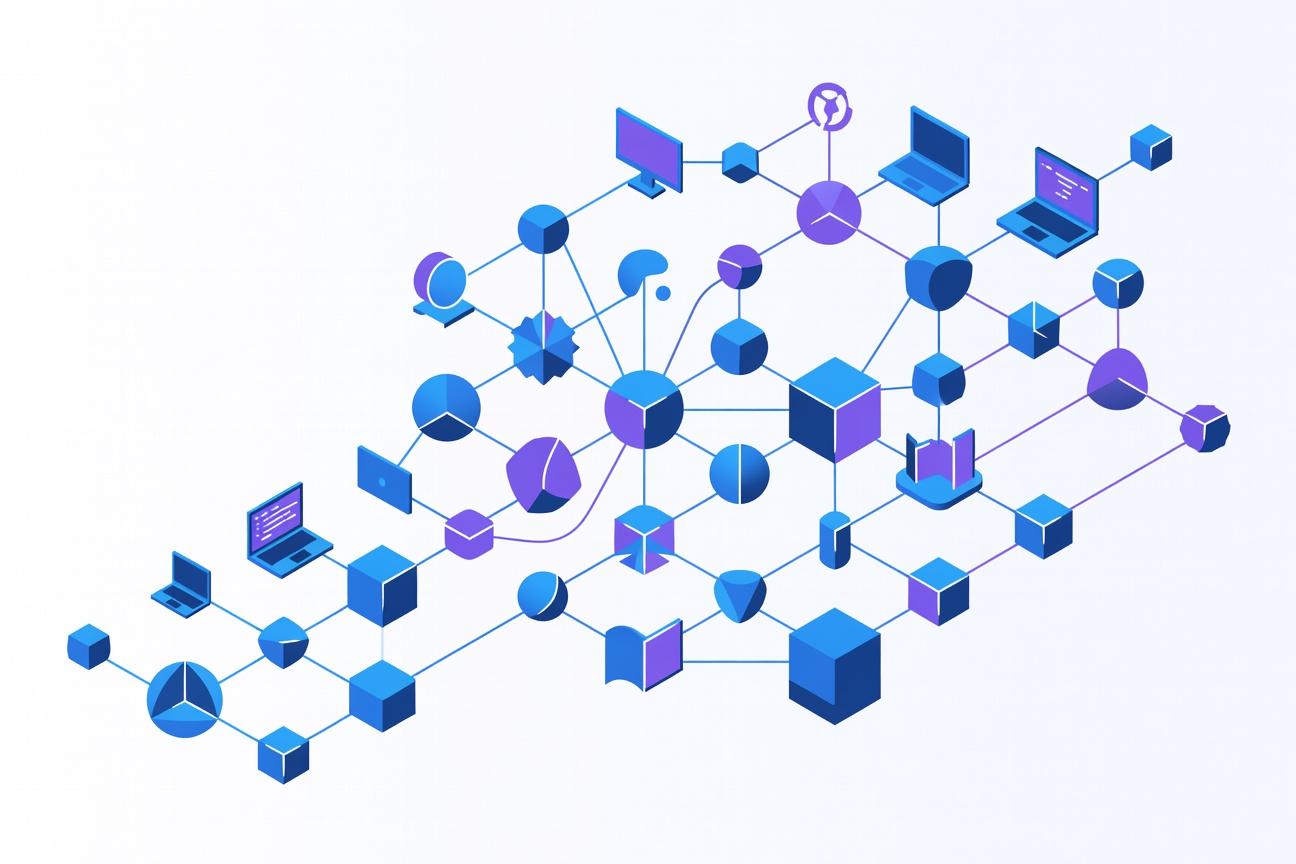 Abstract interconnected geometric nodes representing parallel agent workflows, rendered in cool blue and purple tones