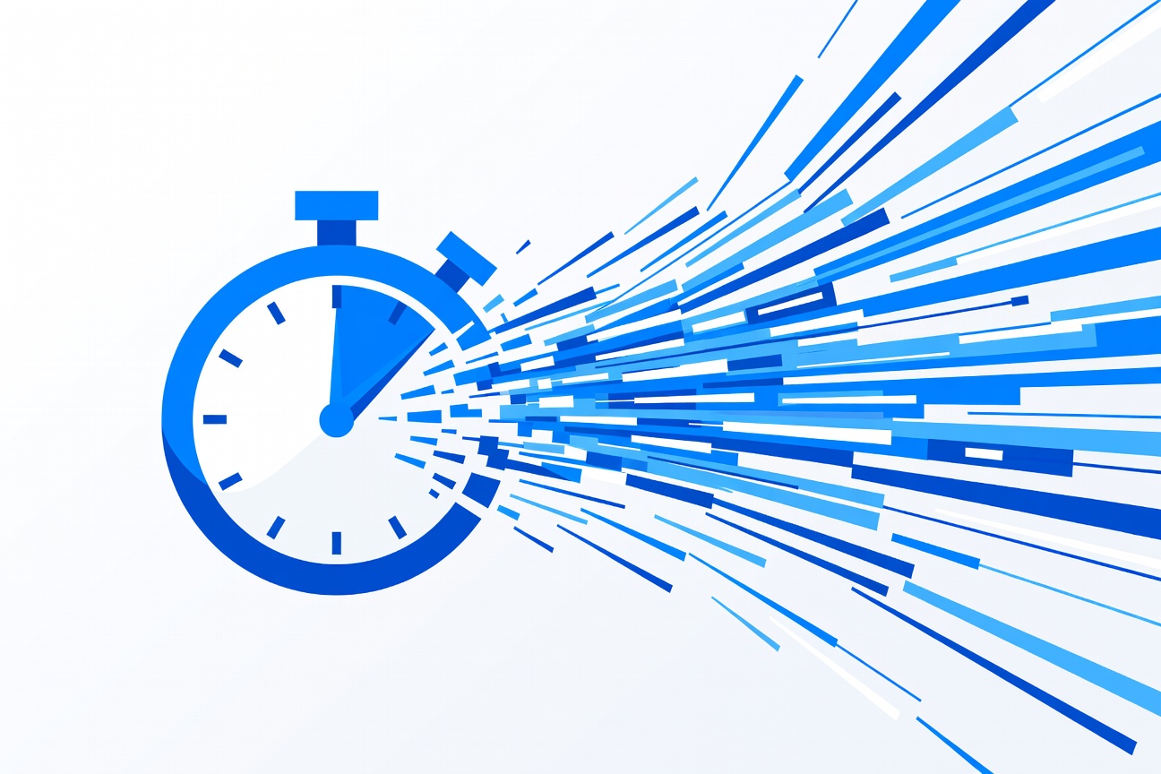 A stopwatch dissolving into streaming code lines — representing dramatic speed improvement in an AI coding agent