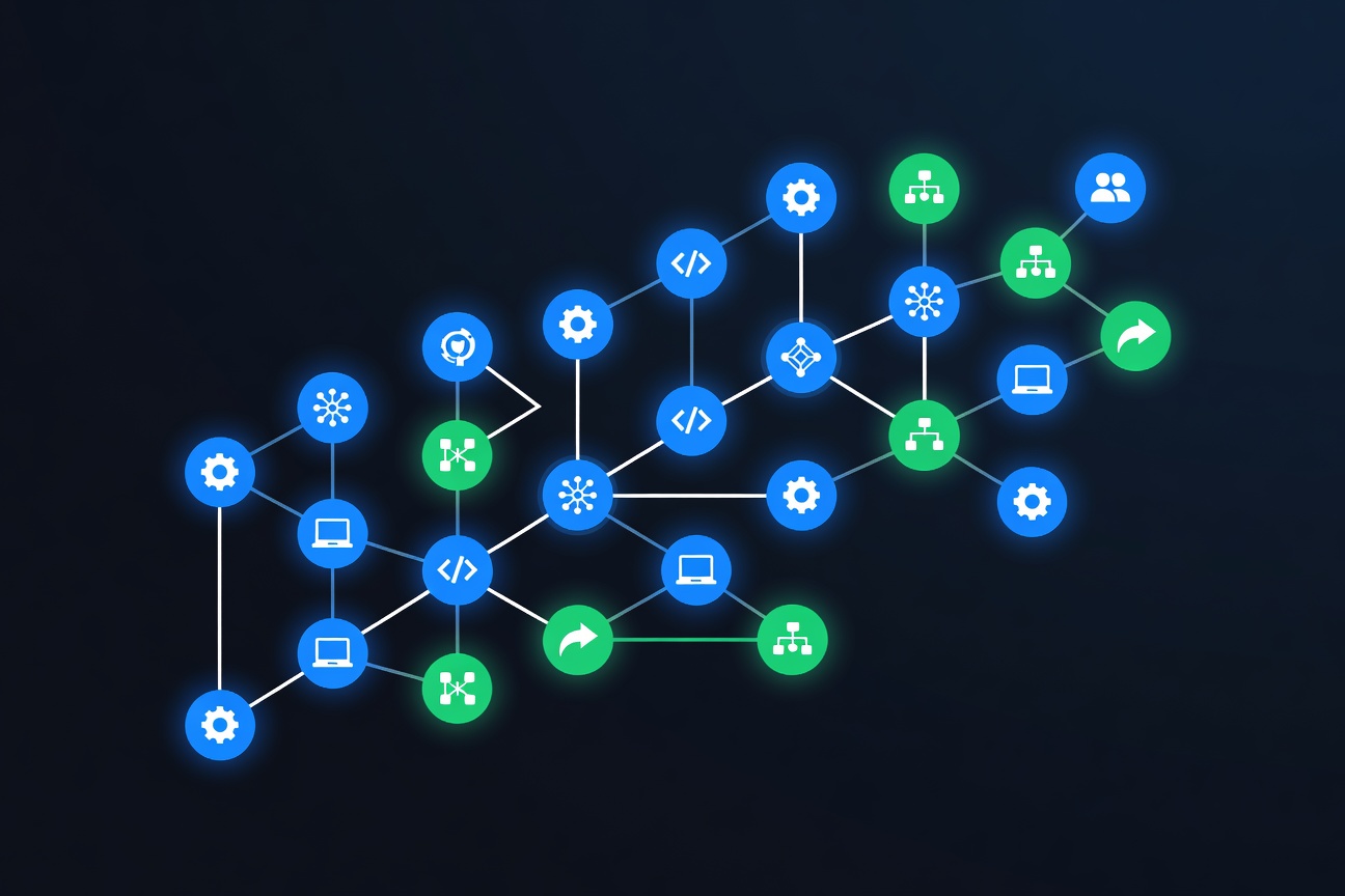 A branching tree of glowing orbs in blue and green, each labeled with a distinct abstract icon, floating against a dark background