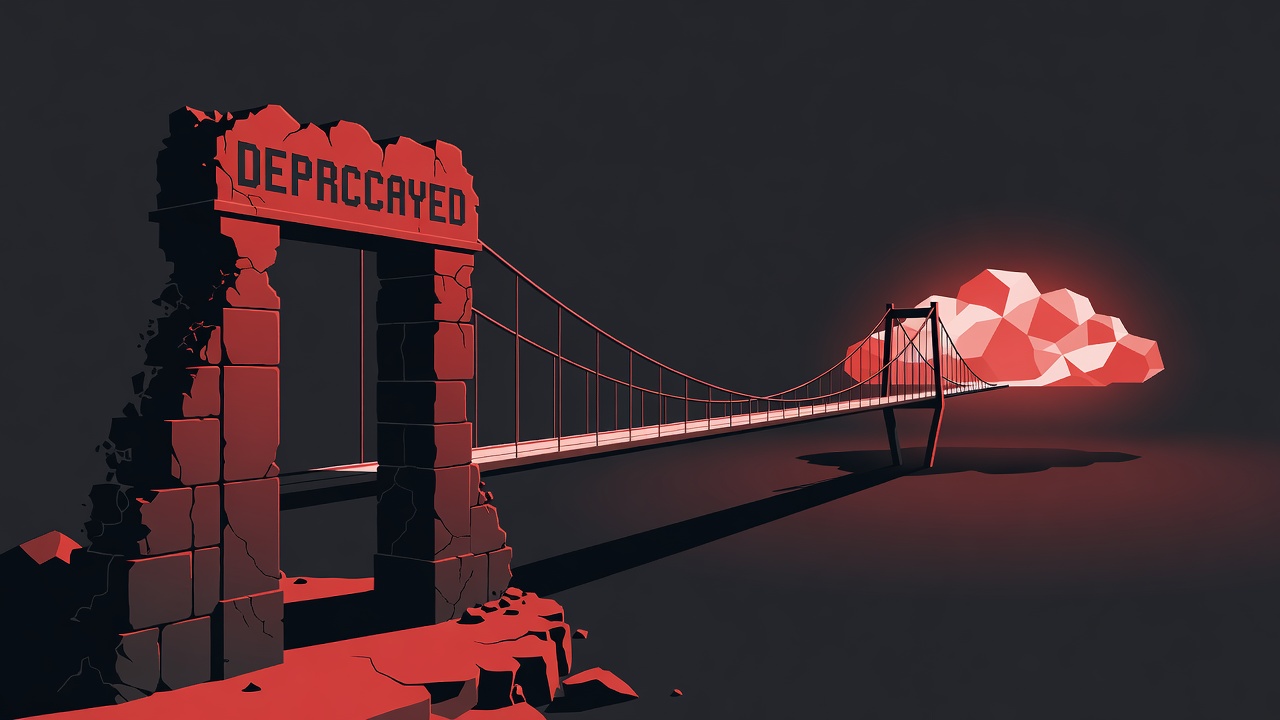 A crumbling API gateway with a migration bridge extending toward a cloud platform in the distance, symbolizing the transition from a deprecated service