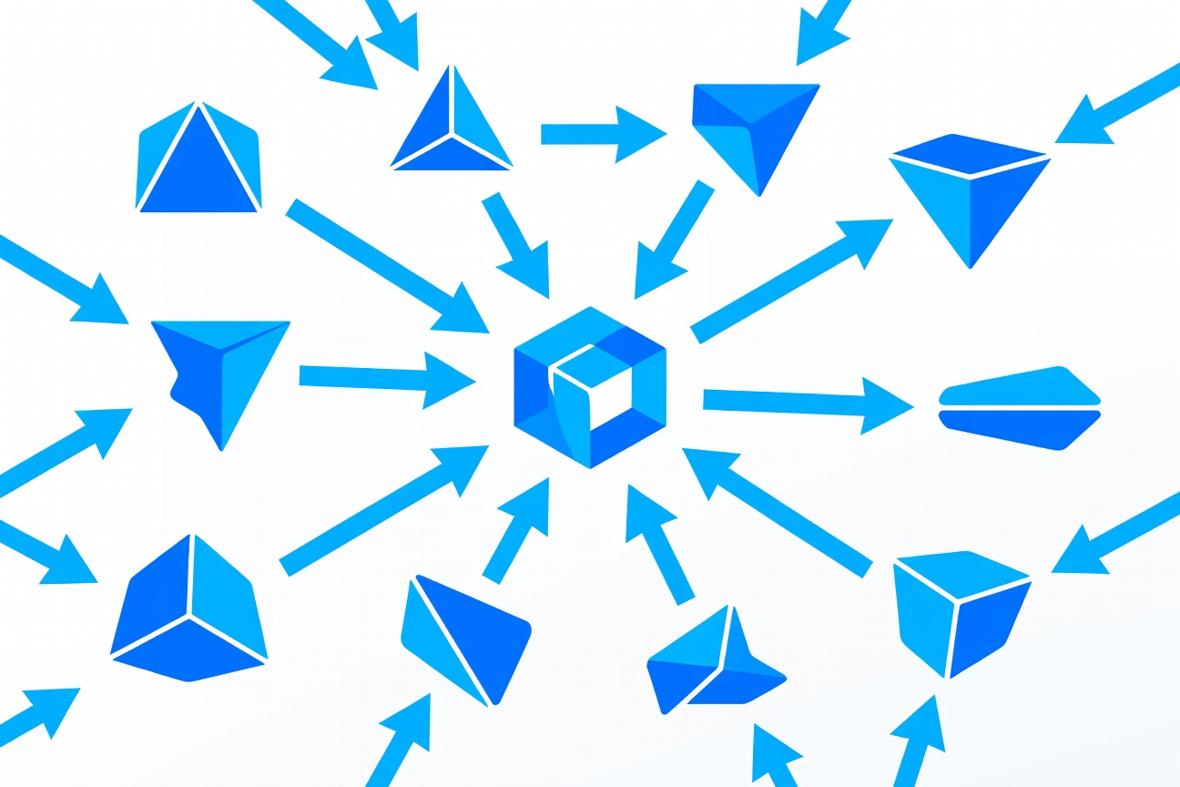 Multiple geometric agents connected by arrows converging on a central codebase symbol — representing coordinated multi-agent coding within a repository