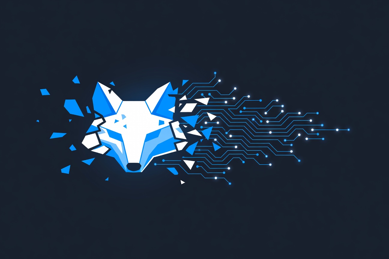 Geometric fox logo shape fragmenting into small AI circuit nodes on a dark background — representing GitLab's open-source ethos meeting agentic AI