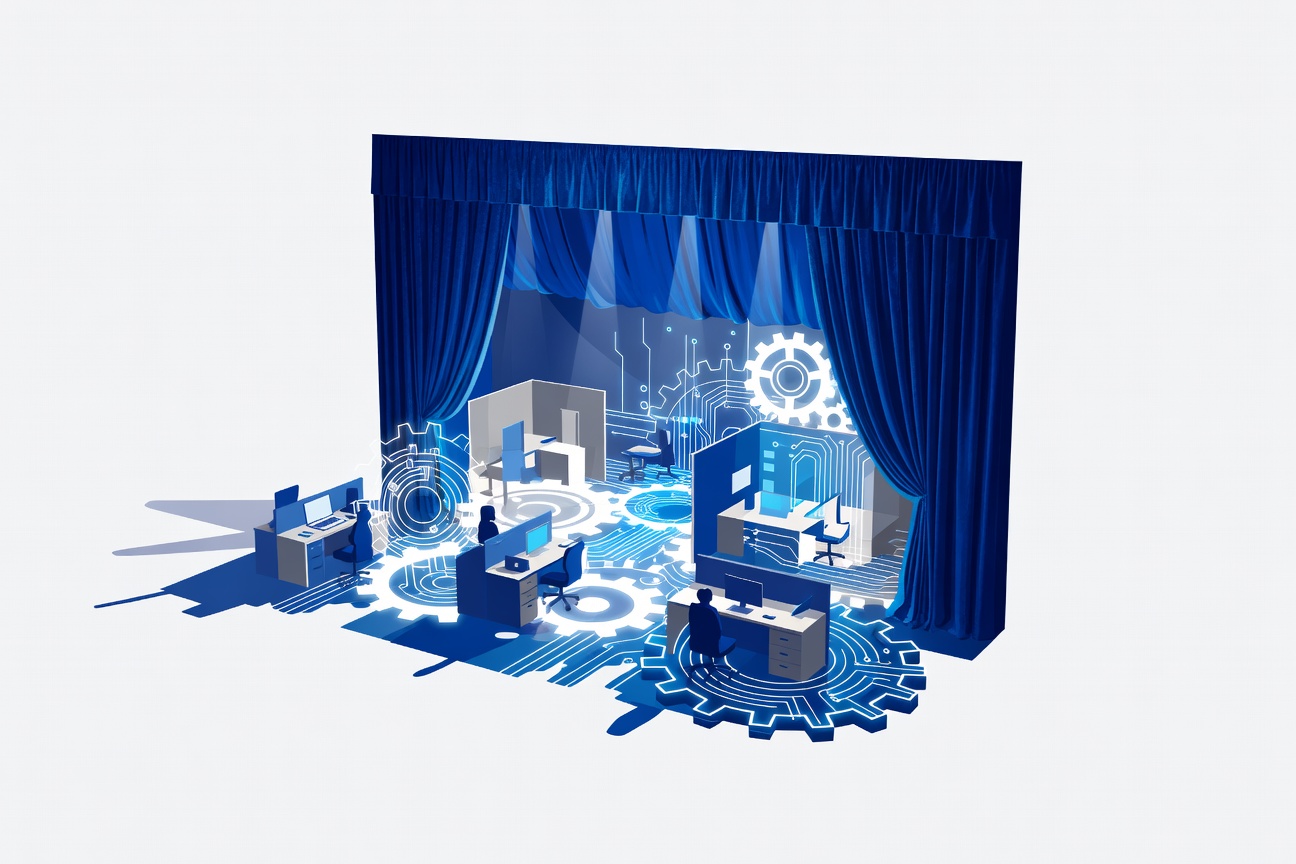 A large theatrical curtain rising to reveal glowing robotic gears and circuit patterns replacing a traditional office floor, dramatic stage lighting