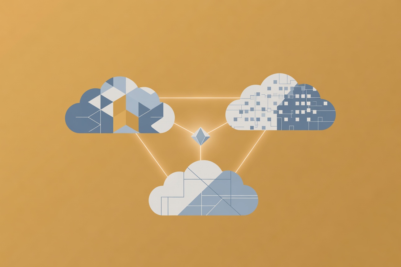 Abstract interconnected cloud nodes labeled AWS, GCP, and GitLab forming a triangle, with a glowing AI agent symbol at the center
