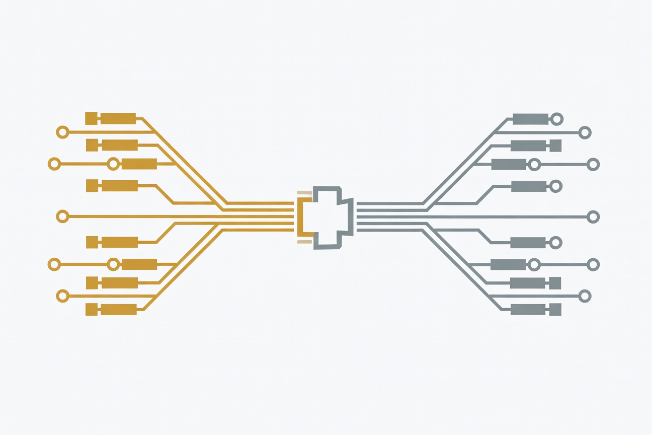 Abstract pipeline flow diagram with branching nodes merging into a single secure checkpoint, minimal geometric style