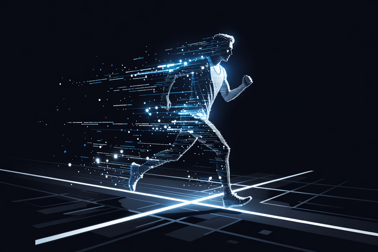 A marathon runner made of glowing code tokens crossing an 8-hour finish line on a dark track