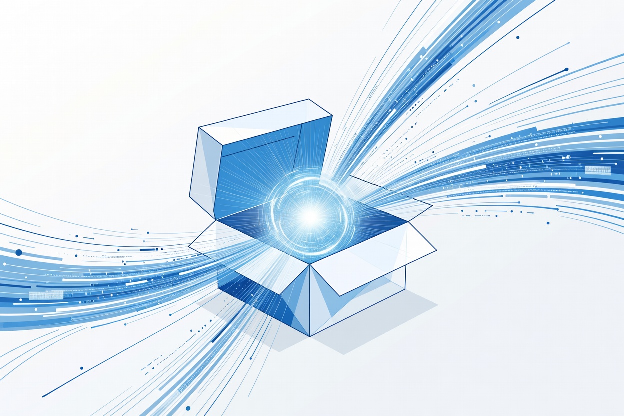 Abstract illustration of an unlocked open box glowing from within, surrounded by flowing data streams, representing an open-weight model breaking through capability barriers