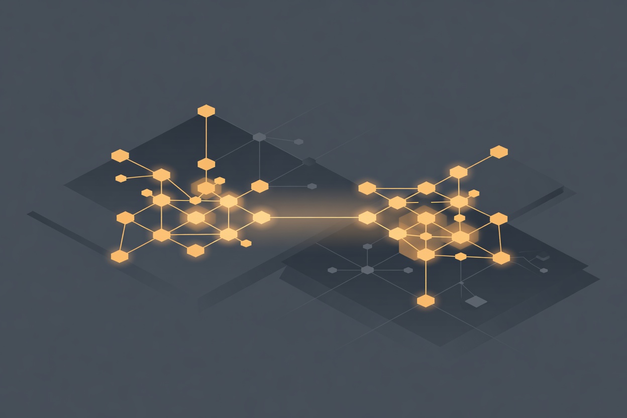 Two glowing geometric node clusters connecting via a luminous bridge across a dark digital landscape